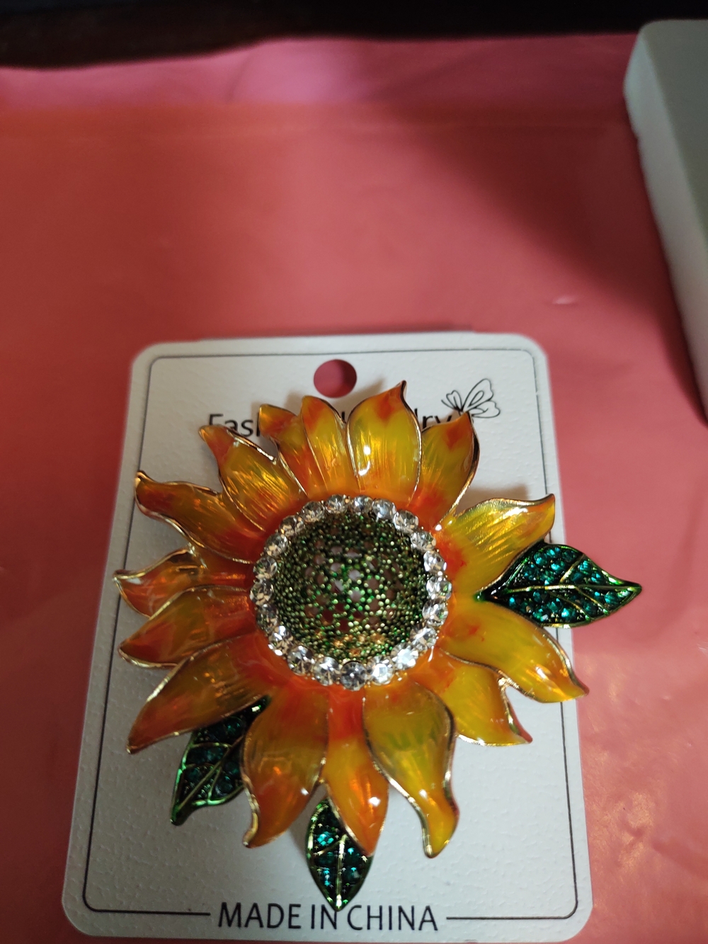 X-Large Yellow & Green Sunflower Crystal Brooch